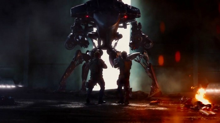 Terminator machine with soldiers in a dark environment