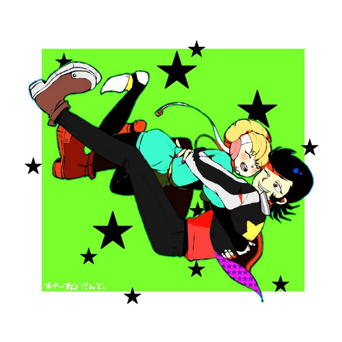 Space Dandy characters in embrace on green background with stars