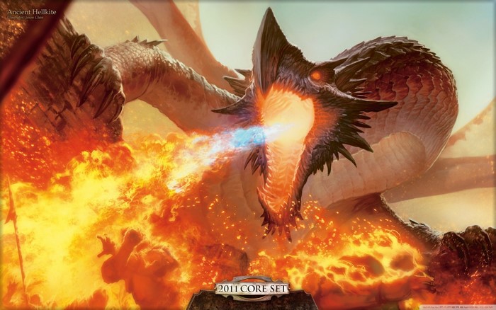 Ancient Hellkite dragon breathing fire from Magic The Gathering