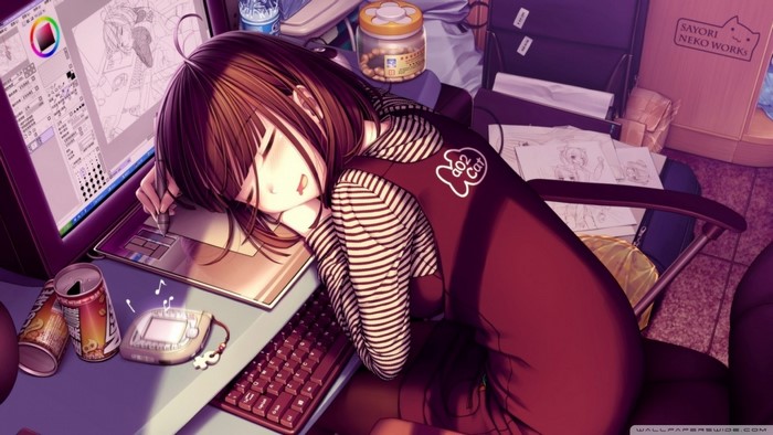 Anime girl sleeping at desk with drawing tablet