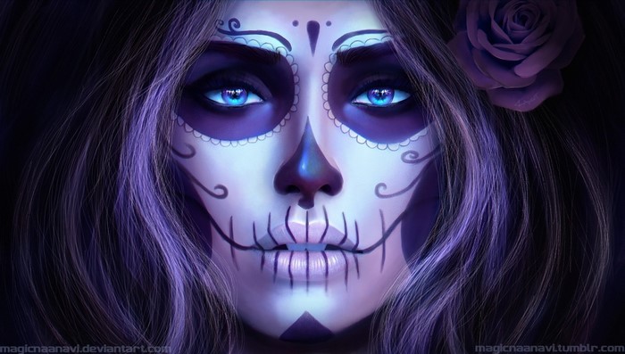 Woman with Sugar Skull makeup and purple rose