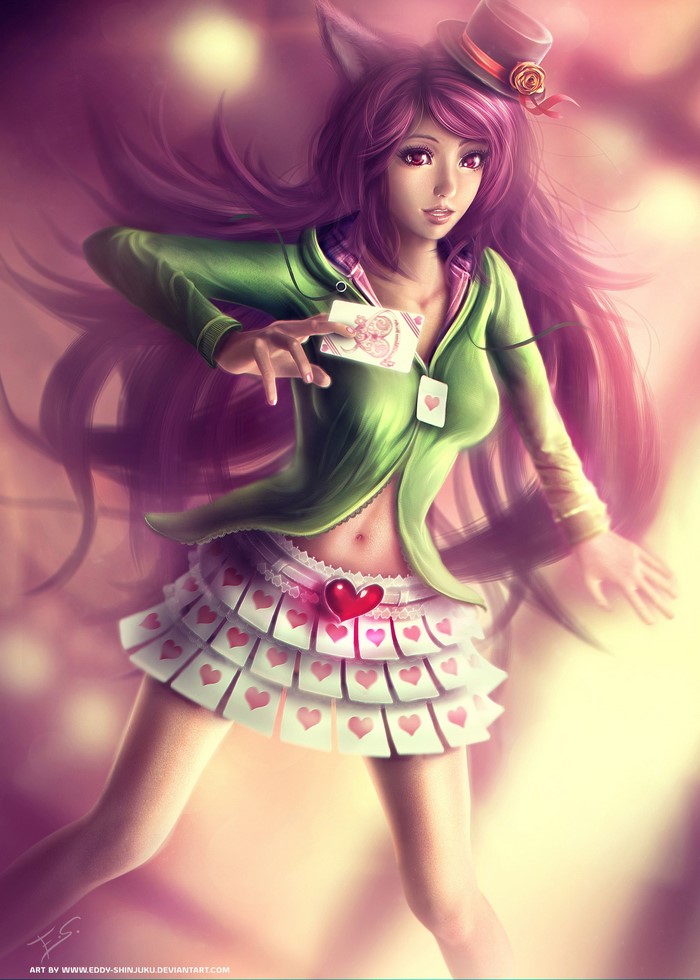 Anime girl with pink hair and cat ears holding cards