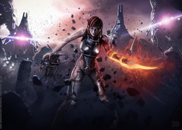 Commander Shepard from Mass Effect fighting an alien