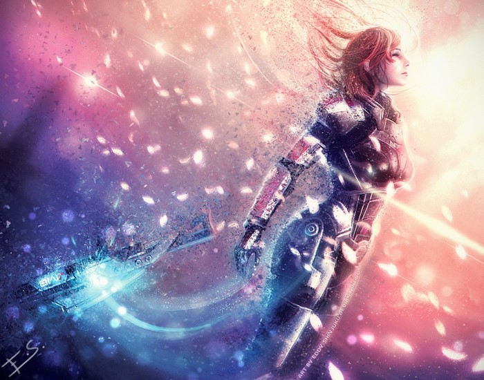 Commander Shepard from Mass Effect disintegrating