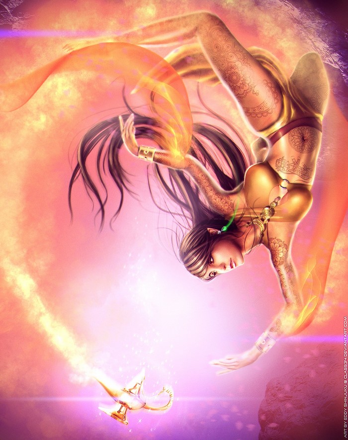 Genie girl emerging from a magic lamp