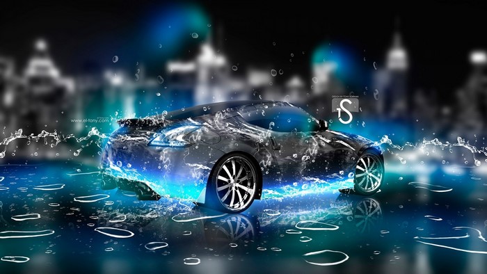 Nissan car with water splashes in a neon city at night