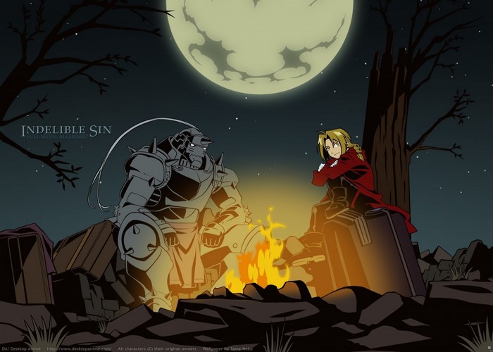Alphonse and Edward Elric from Full Metal Alchemist by a campfire