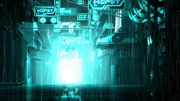 Cyberpunk city street at night with neon lights and rain