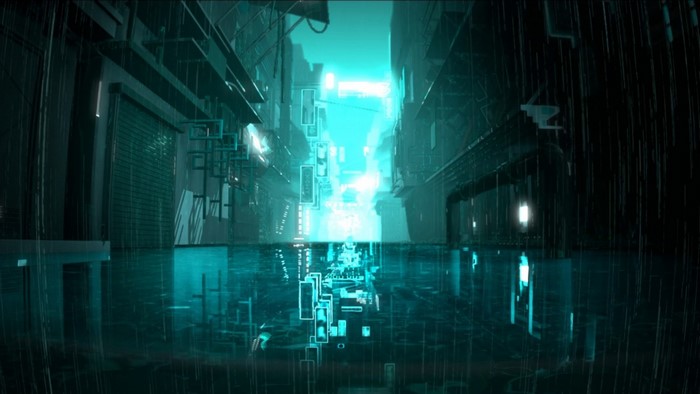 Tron Legacy alleyway at night with rain and reflections