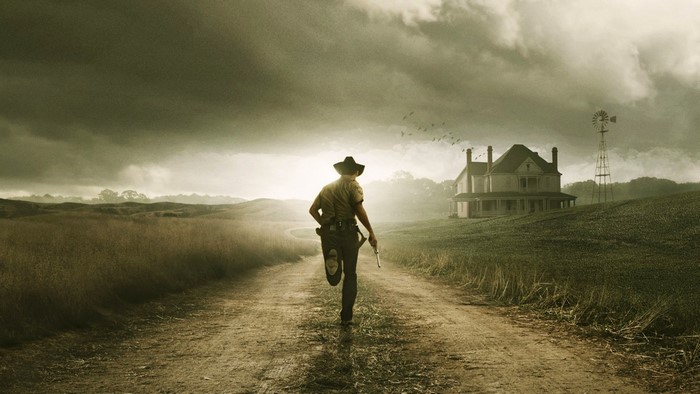 Rick Grimes from The Walking Dead running on a dirt road