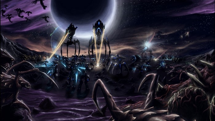 Starcraft II battle scene with Protoss and Zerg