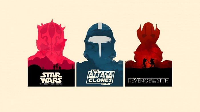 Star Wars posters: The Phantom Menace, Attack of the Clones, Revenge of the Sith