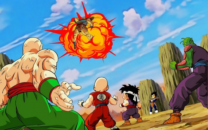 Dragon Ball Z: Nappa, Piccolo, Gohan, Krillin, and Vegeta in battle