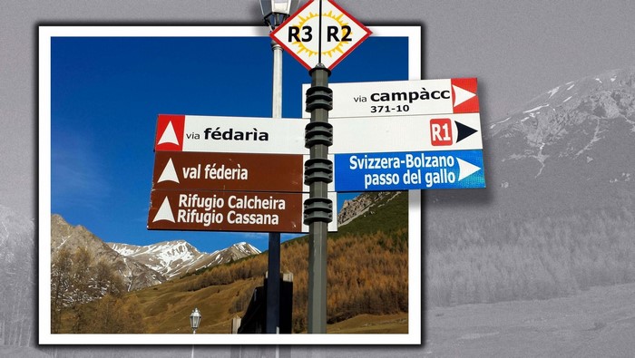 Mountain road signs for Via Fédaria and Campacc