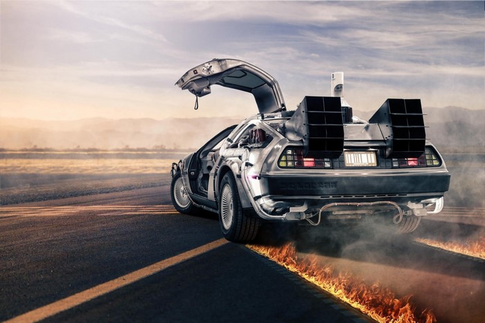 DeLorean time machine from Back to the Future on fire