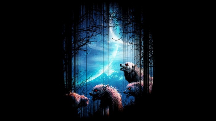 Werewolves howling at a giant moon in a dark forest