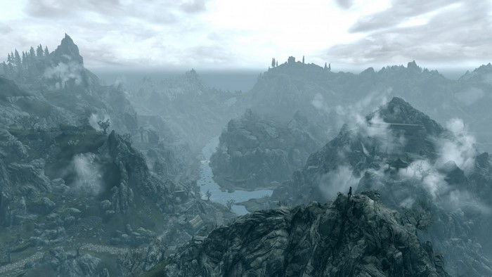 The Elder Scrolls V Skyrim mountainous landscape with mist