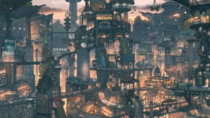 Futuristic cityscape at dusk with intricate architecture