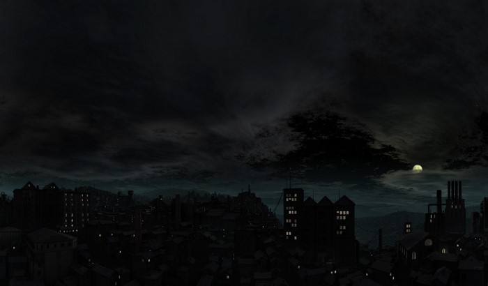 Cityscape at night with moon and clouds