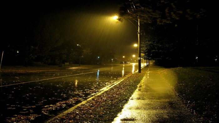 Street light on a rainy night with reflections