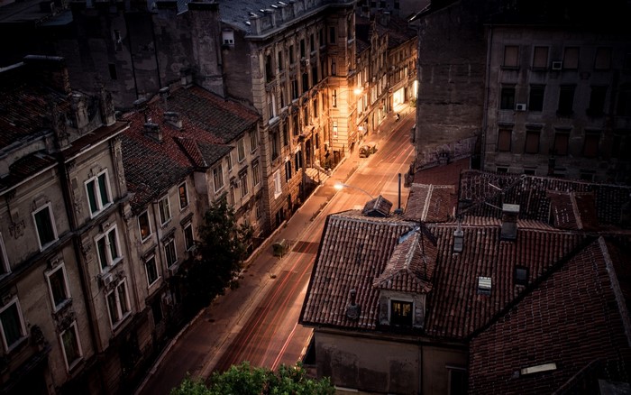 Night street in Rijeka, Croatia with light trails