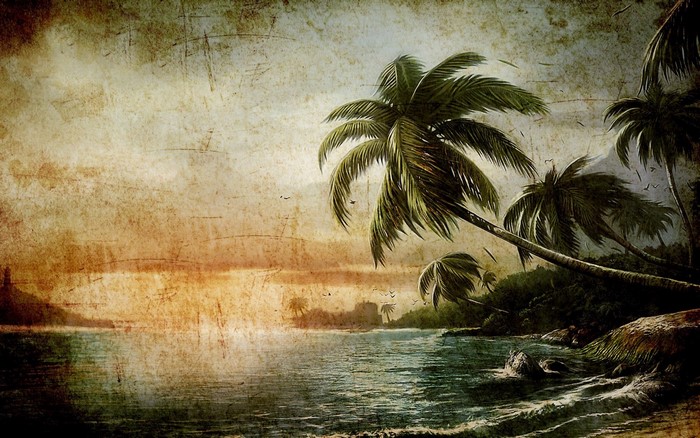 Dead Island palm trees on a beach at sunset