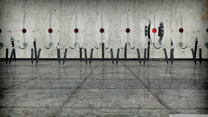 Turrets from Portal game on a concrete wall