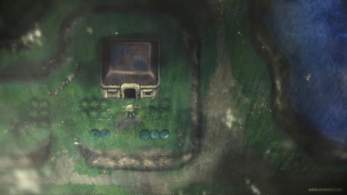 Link from The Legend of Zelda in a rainy village