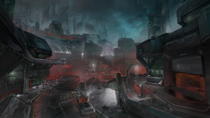 Concept art of a futuristic, dystopian city from Halo 3 ODST