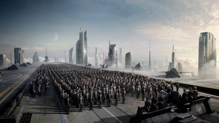 UNSC Infinity army gathered in futuristic city
