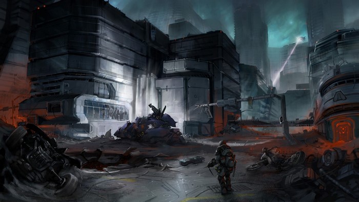 Soldier in a destroyed futuristic city, Halo game