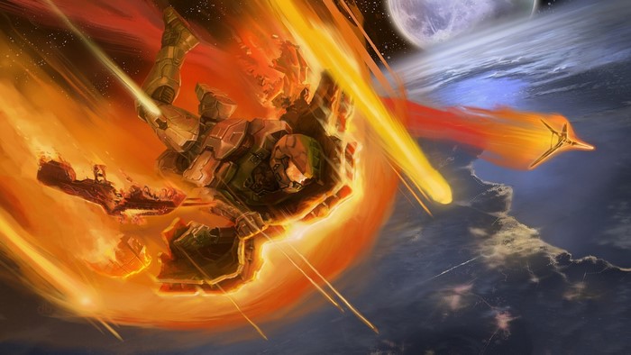 Master Chief falling through Earth's atmosphere