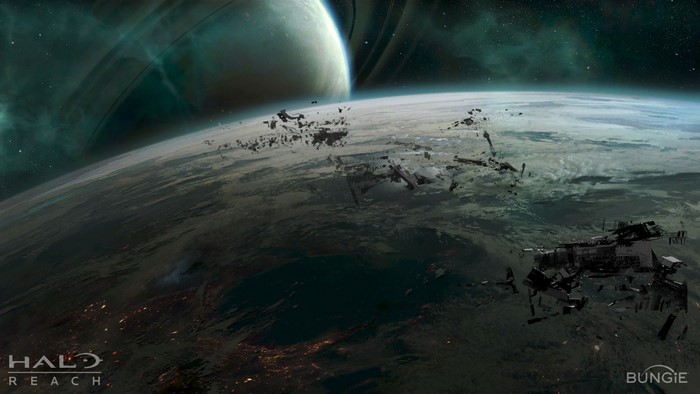 Halo Reach: Space battle over planet with debris