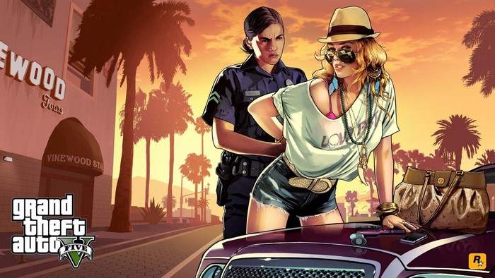 Illustration of a police officer arresting a woman in Vinewood, Grand Theft Auto V