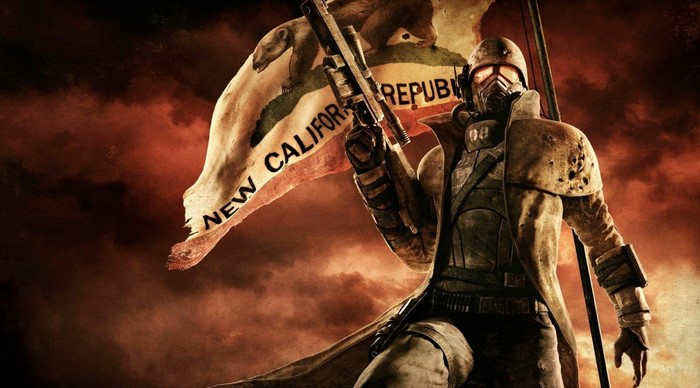 Man in armor holding a rifle with New California Republic flag