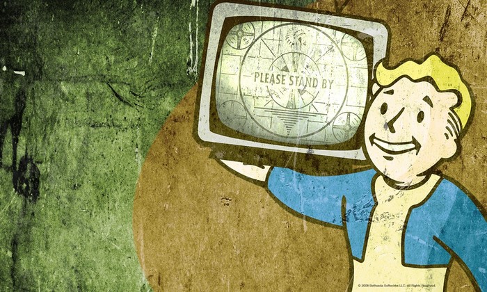 Vault Boy from Fallout with a TV screen