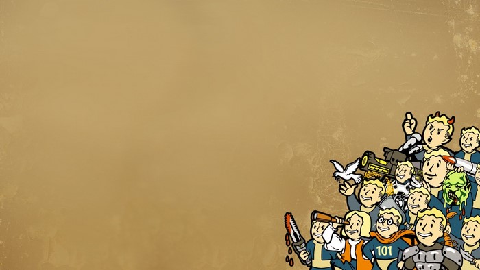 Fallout Vault Boy characters with weapons and a bird