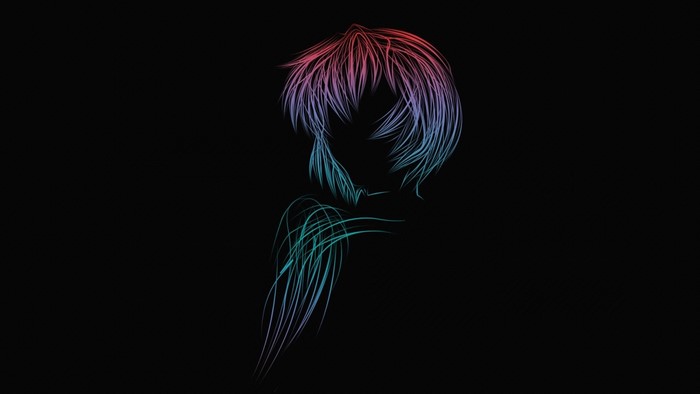 Abstract anime character with colorful lines on black background