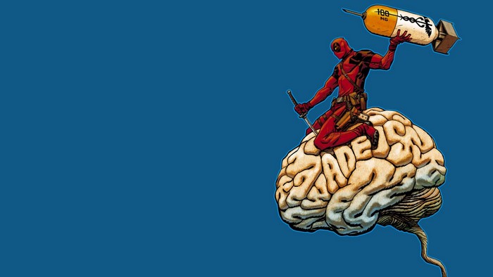 Deadpool sitting on a brain holding a bomb pill