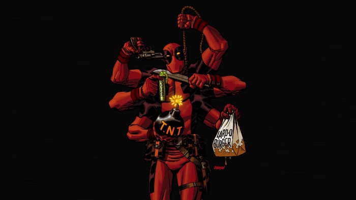 Deadpool with multiple arms holding weapons and food