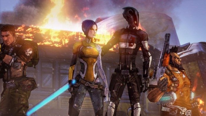 Borderlands characters in front of a burning building