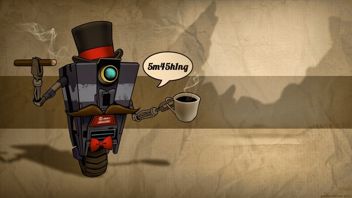 Claptrap from Borderlands with a cigar and coffee