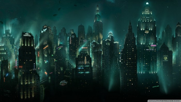 BioShock underwater city skyline at night