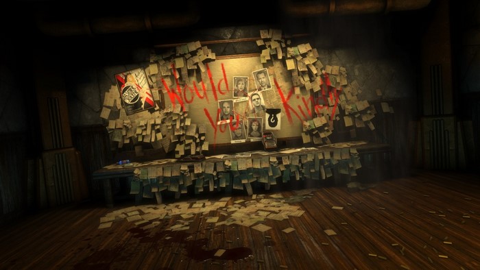 BioShock investigation board with photos and notes