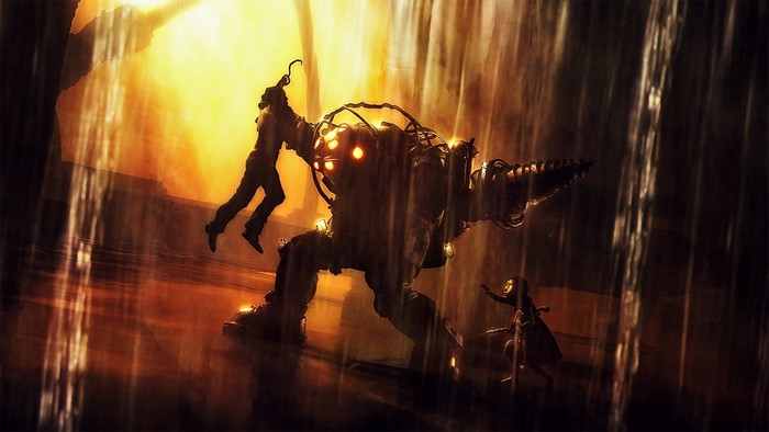 Big Daddy and Little Sister from BioShock in rain