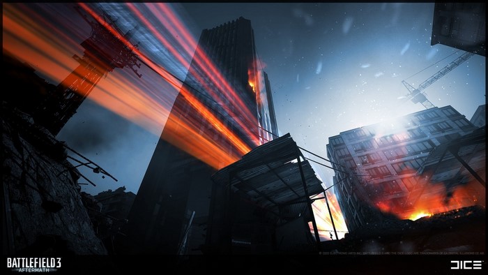 Battlefield 3 Aftermath: Cityscape with Light Streaks and Fire