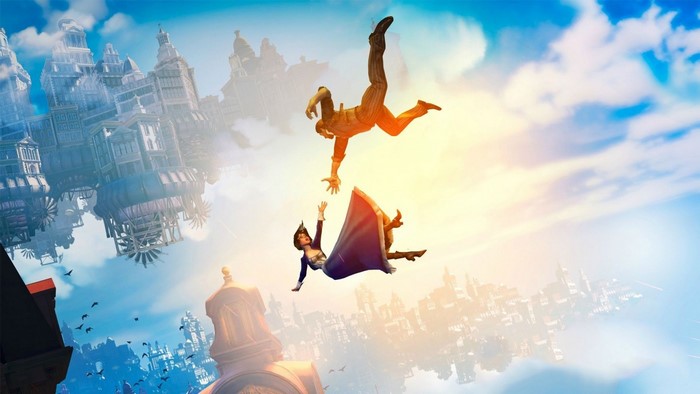 Booker and Elizabeth from BioShock Infinite falling