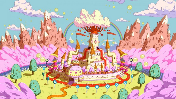 Candy Kingdom castle with rainbow and pink mountains