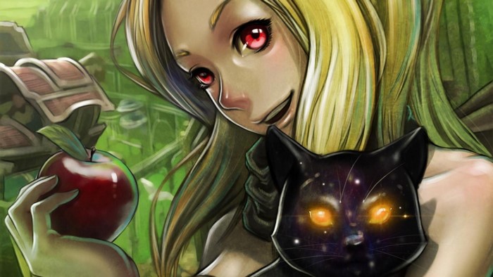 Kat from Gravity Rush holding an apple with a black cat