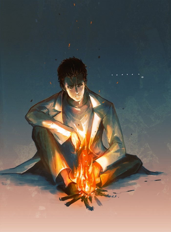 Okabe Rintarou from Steins;Gate sitting by a campfire
